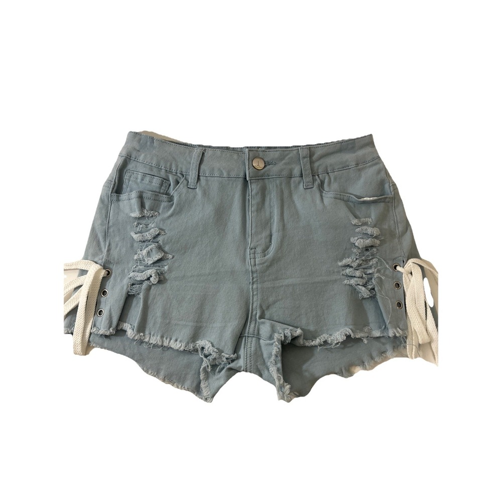 Women's Fringe Blue Denim Shorts Grunge, Festival, Sexy Lace Side Size Medium
